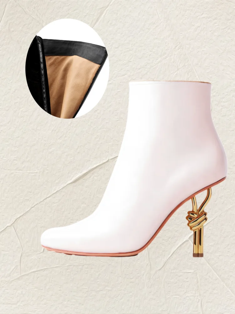 2025 Thermal Square Toe Boots Women's Metal Knot Heel Boots with Side Zipper Slim Stiletto for Snow Commuting & Holiday Parties