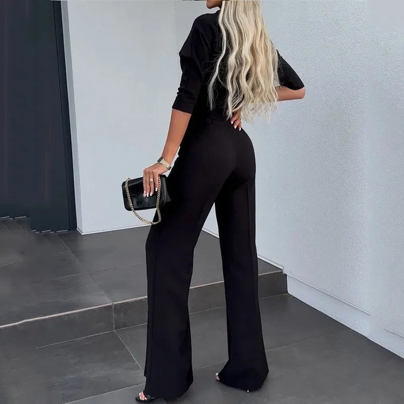 Women Business Blazer Pant Sets 2 Pieces Sale Casual O-Neck Short Sleeve Cropped Tops&High Waist Pocket Flare Trousers Suits
