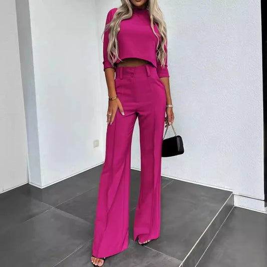 Women Business Blazer Pant Sets 2 Pieces Sale Casual O-Neck Short Sleeve Cropped Tops&High Waist Pocket Flare Trousers Suits