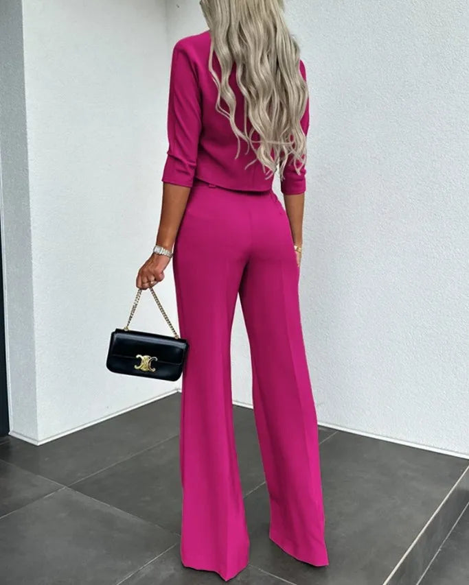 Women Business Blazer Pant Sets 2 Pieces Sale Casual O-Neck Short Sleeve Cropped Tops&High Waist Pocket Flare Trousers Suits