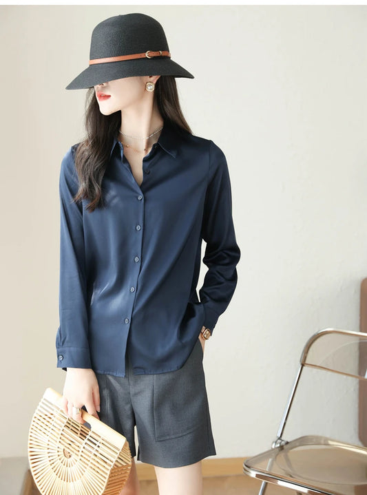 Spring Autumn Elagant Satin Women's Blouse 2025 New Long Sleeve Turn-down Collar Korean Casual Loose Office Lady Shirts Female