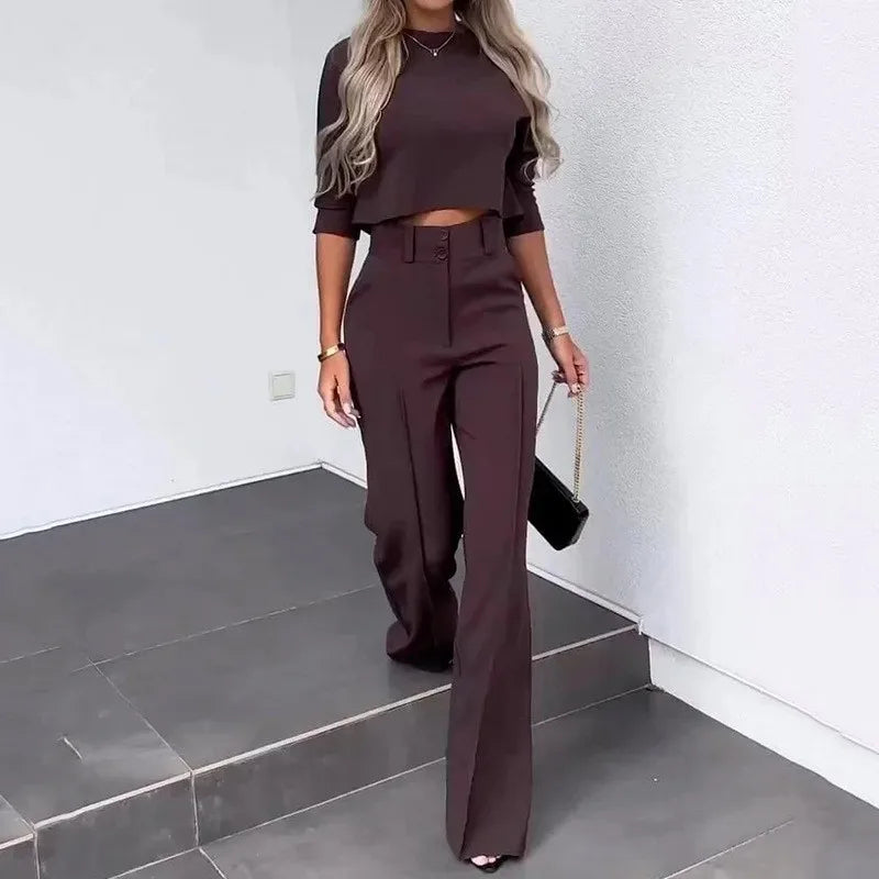 Women Business Blazer Pant Sets 2 Pieces Sale Casual O-Neck Short Sleeve Cropped Tops&High Waist Pocket Flare Trousers Suits