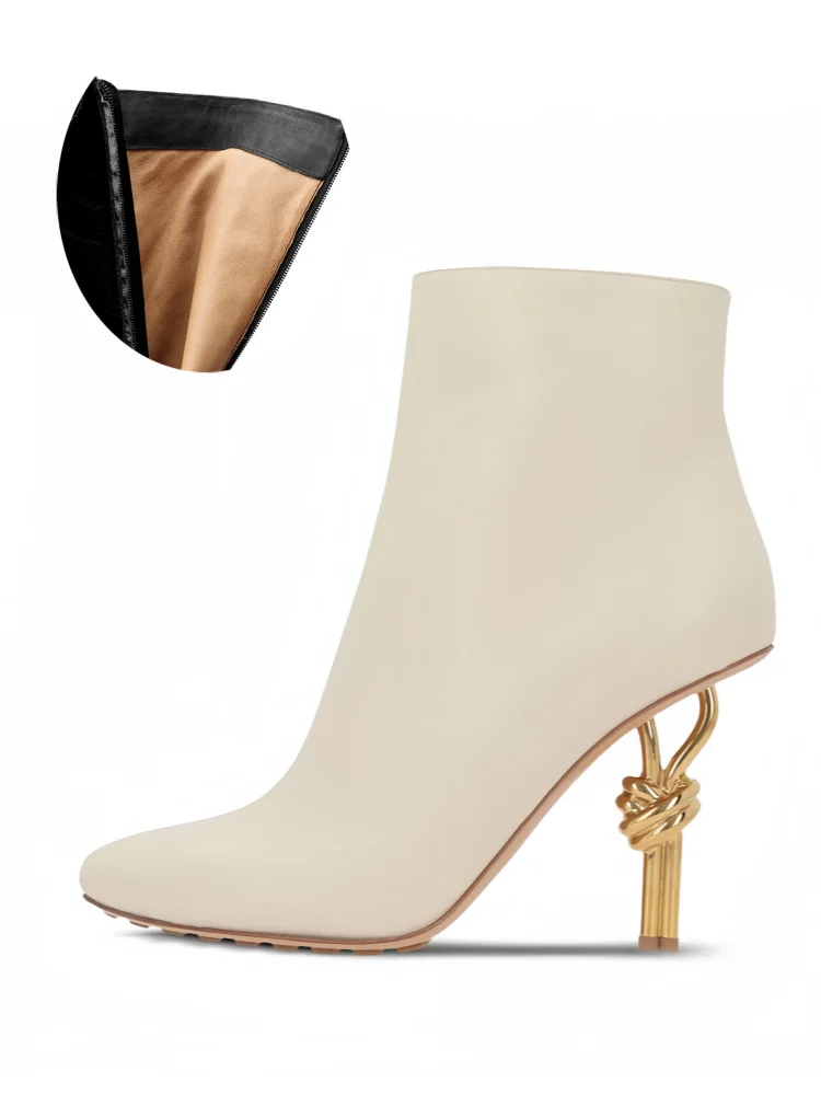 2025 Thermal Square Toe Boots Women's Metal Knot Heel Boots with Side Zipper Slim Stiletto for Snow Commuting & Holiday Parties