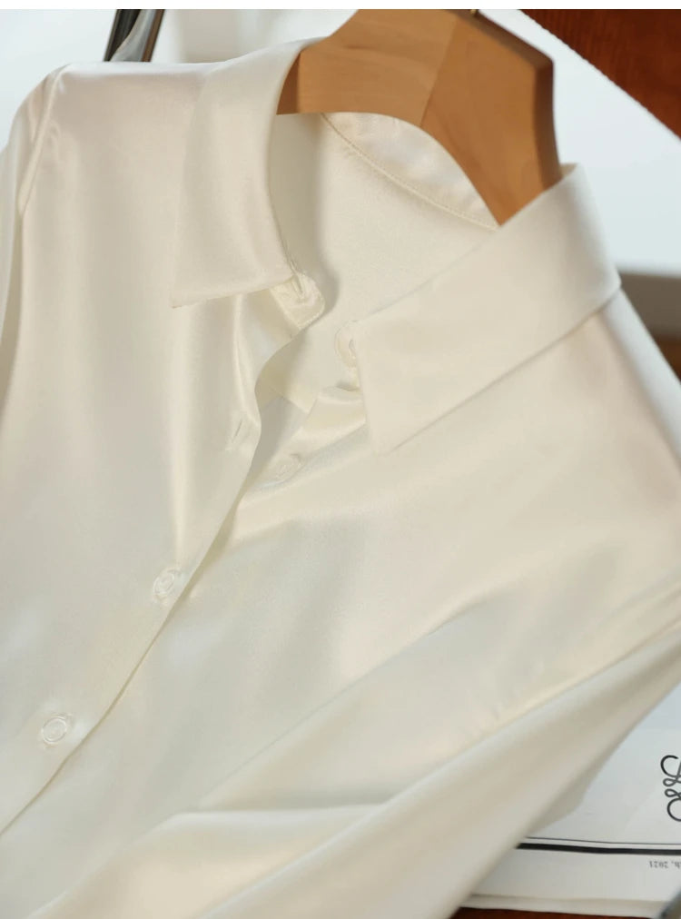 Spring Autumn Elagant Satin Women's Blouse 2025 New Long Sleeve Turn-down Collar Korean Casual Loose Office Lady Shirts Female