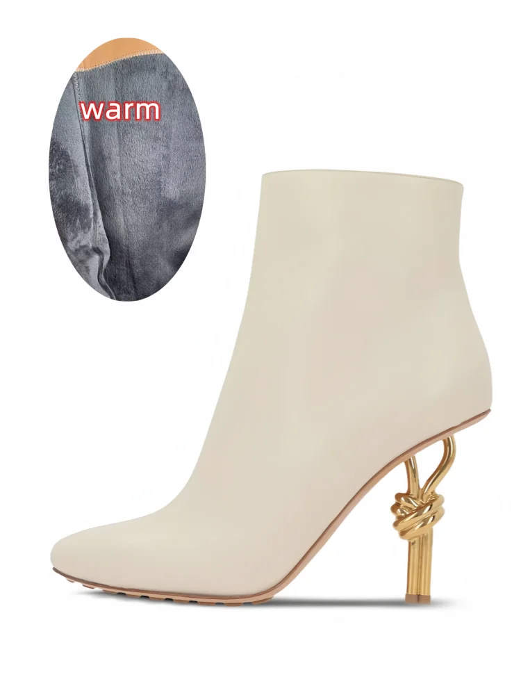 2025 Thermal Square Toe Boots Women's Metal Knot Heel Boots with Side Zipper Slim Stiletto for Snow Commuting & Holiday Parties