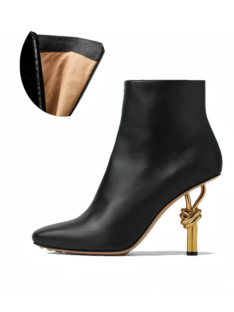 2025 Thermal Square Toe Boots Women's Metal Knot Heel Boots with Side Zipper Slim Stiletto for Snow Commuting & Holiday Parties