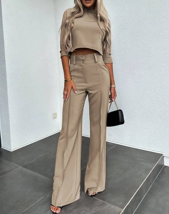 Women Business Blazer Pant Sets 2 Pieces Sale Casual O-Neck Short Sleeve Cropped Tops&High Waist Pocket Flare Trousers Suits