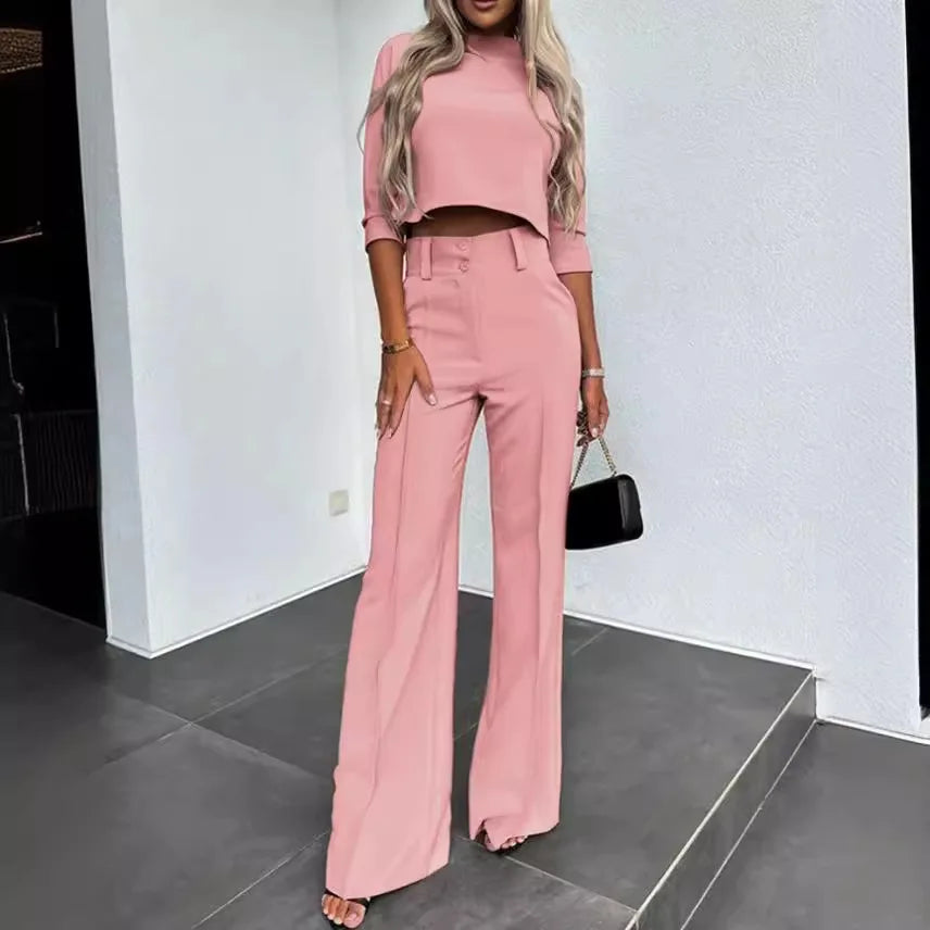 Women Business Blazer Pant Sets 2 Pieces Sale Casual O-Neck Short Sleeve Cropped Tops&High Waist Pocket Flare Trousers Suits