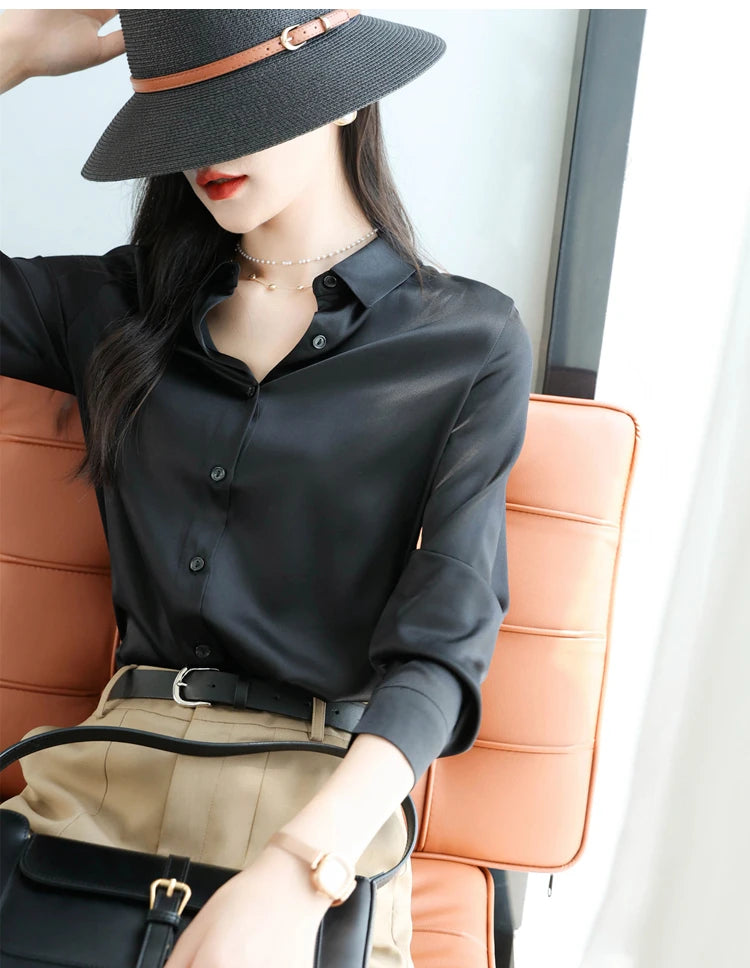 Spring Autumn Elagant Satin Women's Blouse 2025 New Long Sleeve Turn-down Collar Korean Casual Loose Office Lady Shirts Female