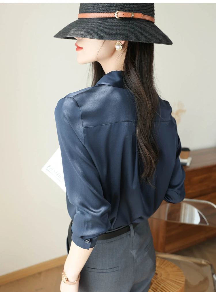 Spring Autumn Elagant Satin Women's Blouse 2025 New Long Sleeve Turn-down Collar Korean Casual Loose Office Lady Shirts Female