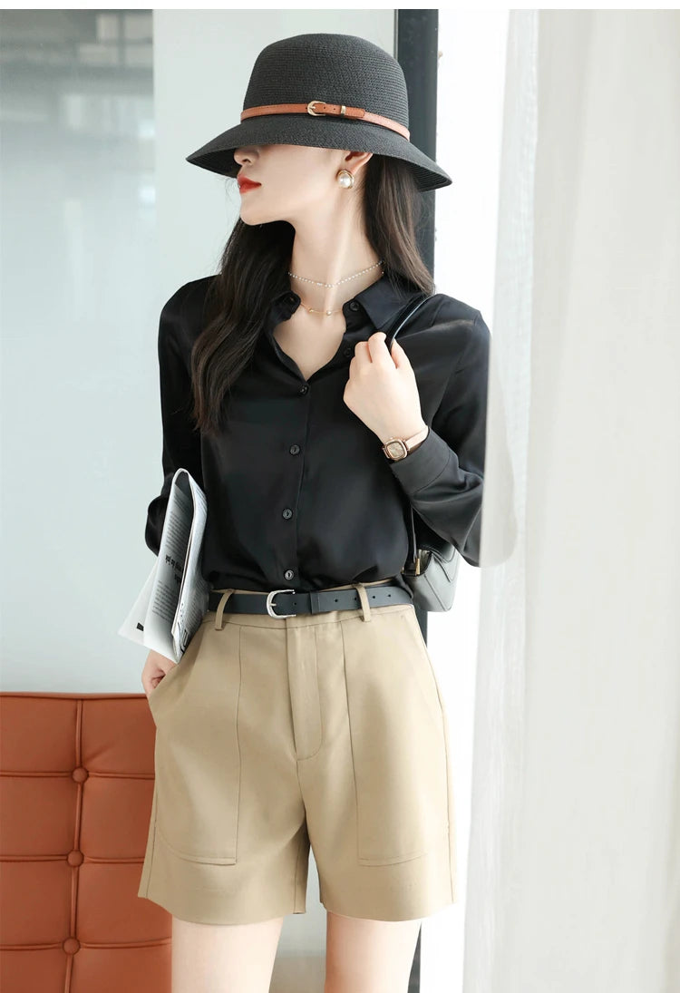 Spring Autumn Elagant Satin Women's Blouse 2025 New Long Sleeve Turn-down Collar Korean Casual Loose Office Lady Shirts Female