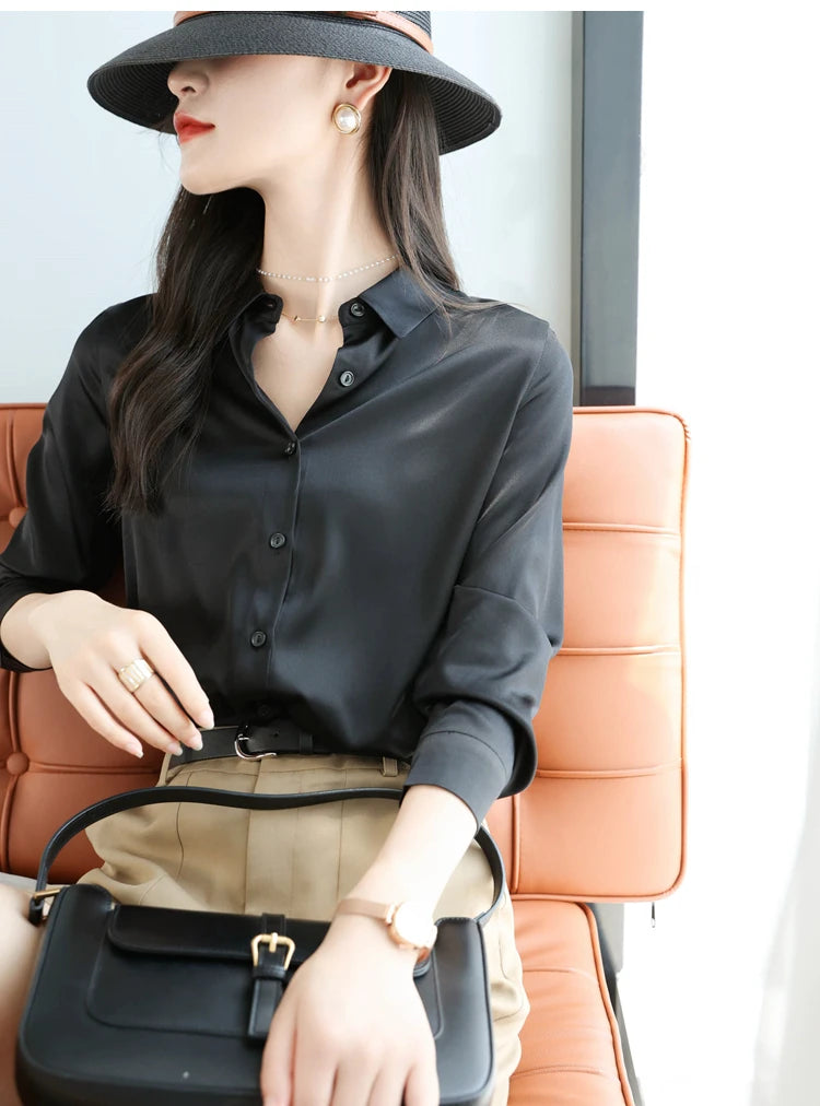 Spring Autumn Elagant Satin Women's Blouse 2025 New Long Sleeve Turn-down Collar Korean Casual Loose Office Lady Shirts Female