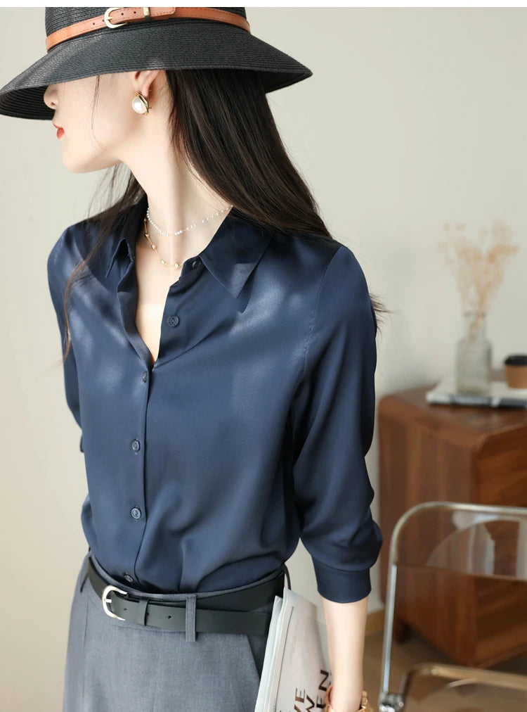 Spring Autumn Elagant Satin Women's Blouse 2025 New Long Sleeve Turn-down Collar Korean Casual Loose Office Lady Shirts Female