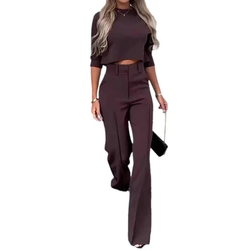 Women Business Blazer Pant Sets 2 Pieces Sale Casual O-Neck Short Sleeve Cropped Tops&High Waist Pocket Flare Trousers Suits