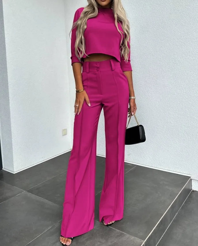 Women Business Blazer Pant Sets 2 Pieces Sale Casual O-Neck Short Sleeve Cropped Tops&High Waist Pocket Flare Trousers Suits
