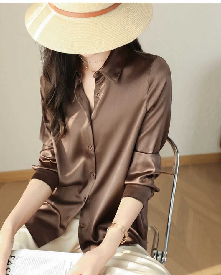 Spring Autumn Elagant Satin Women's Blouse 2025 New Long Sleeve Turn-down Collar Korean Casual Loose Office Lady Shirts Female