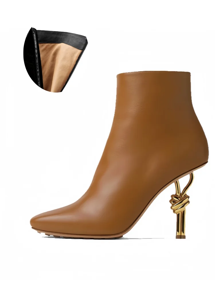 2025 Thermal Square Toe Boots Women's Metal Knot Heel Boots with Side Zipper Slim Stiletto for Snow Commuting & Holiday Parties