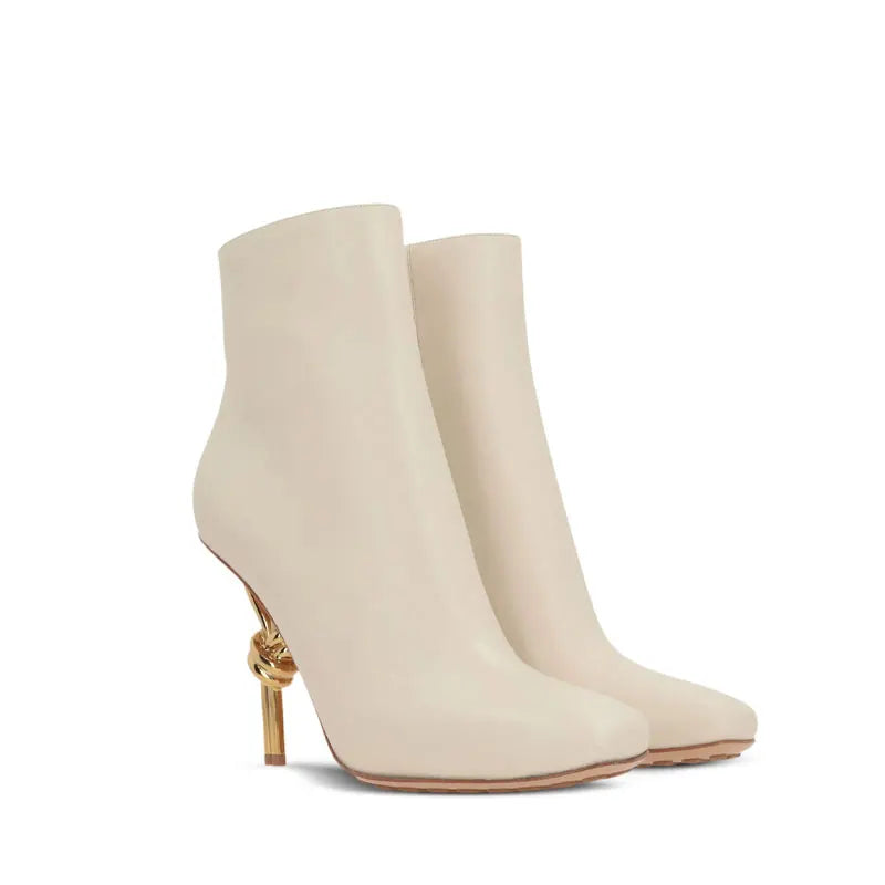 2025 Thermal Square Toe Boots Women's Metal Knot Heel Boots with Side Zipper Slim Stiletto for Snow Commuting & Holiday Parties