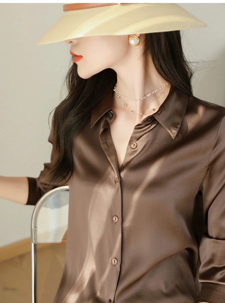 Spring Autumn Elagant Satin Women's Blouse 2025 New Long Sleeve Turn-down Collar Korean Casual Loose Office Lady Shirts Female