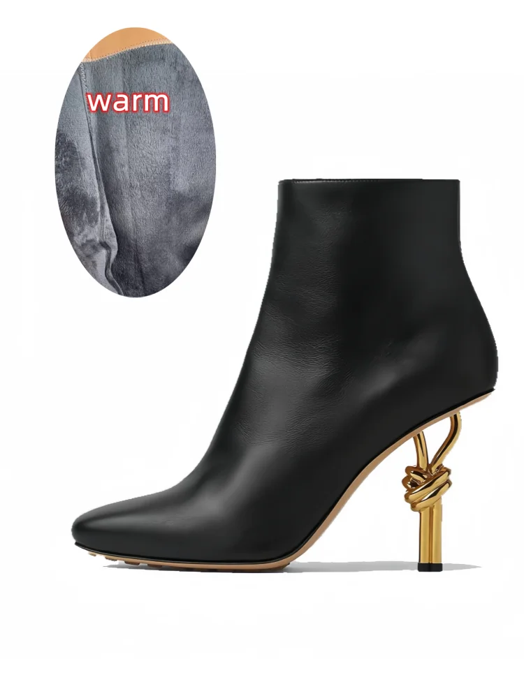 2025 Thermal Square Toe Boots Women's Metal Knot Heel Boots with Side Zipper Slim Stiletto for Snow Commuting & Holiday Parties