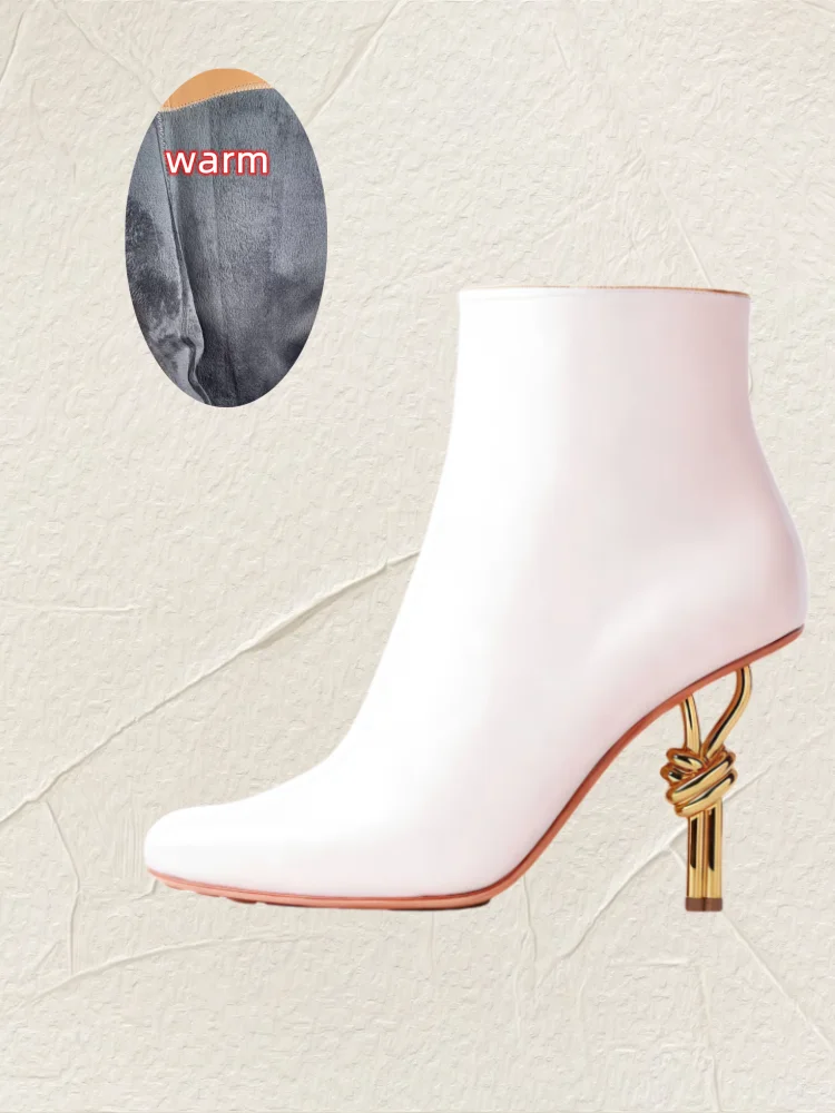 2025 Thermal Square Toe Boots Women's Metal Knot Heel Boots with Side Zipper Slim Stiletto for Snow Commuting & Holiday Parties