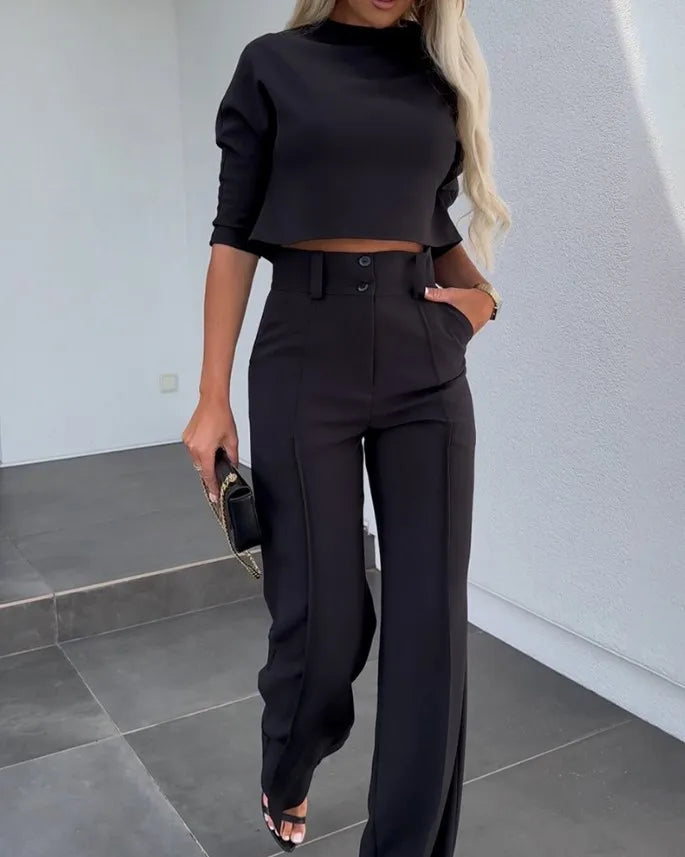 Women Business Blazer Pant Sets 2 Pieces Sale Casual O-Neck Short Sleeve Cropped Tops&High Waist Pocket Flare Trousers Suits