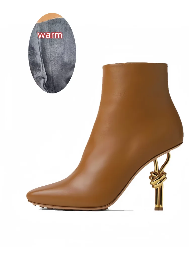 2025 Thermal Square Toe Boots Women's Metal Knot Heel Boots with Side Zipper Slim Stiletto for Snow Commuting & Holiday Parties