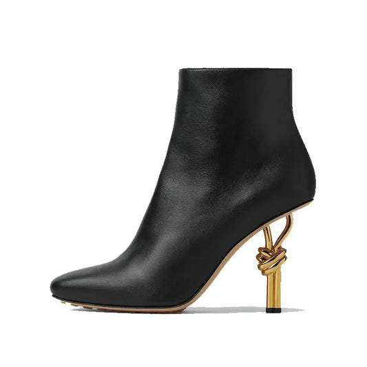 2025 Thermal Square Toe Boots Women's Metal Knot Heel Boots with Side Zipper Slim Stiletto for Snow Commuting & Holiday Parties