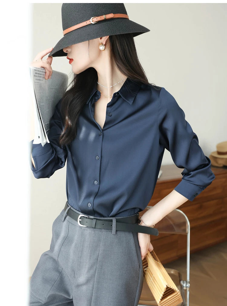 Spring Autumn Elagant Satin Women's Blouse 2025 New Long Sleeve Turn-down Collar Korean Casual Loose Office Lady Shirts Female