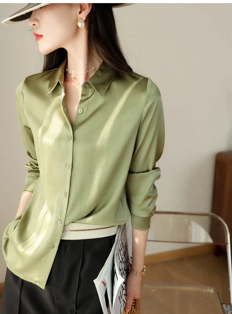 Spring Autumn Elagant Satin Women's Blouse 2025 New Long Sleeve Turn-down Collar Korean Casual Loose Office Lady Shirts Female