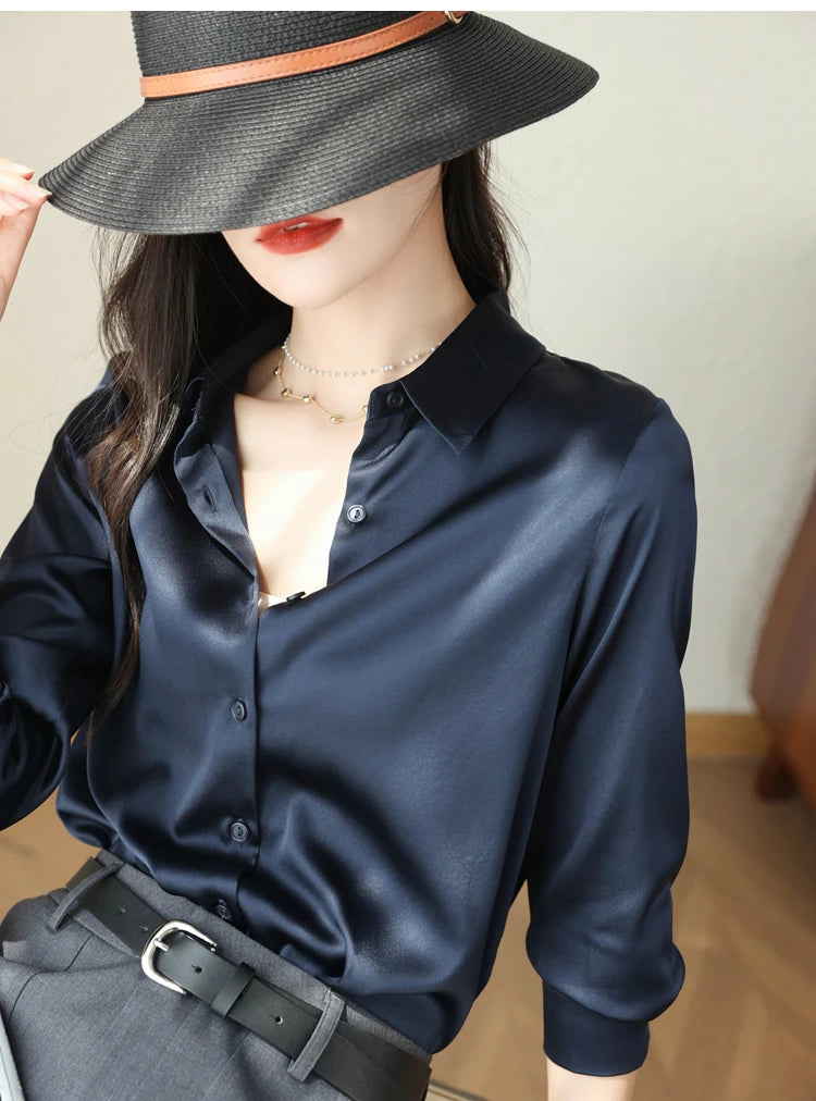 Spring Autumn Elagant Satin Women's Blouse 2025 New Long Sleeve Turn-down Collar Korean Casual Loose Office Lady Shirts Female