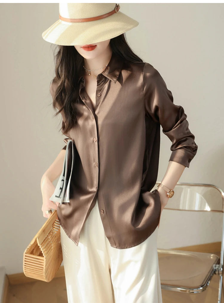 Spring Autumn Elagant Satin Women's Blouse 2025 New Long Sleeve Turn-down Collar Korean Casual Loose Office Lady Shirts Female